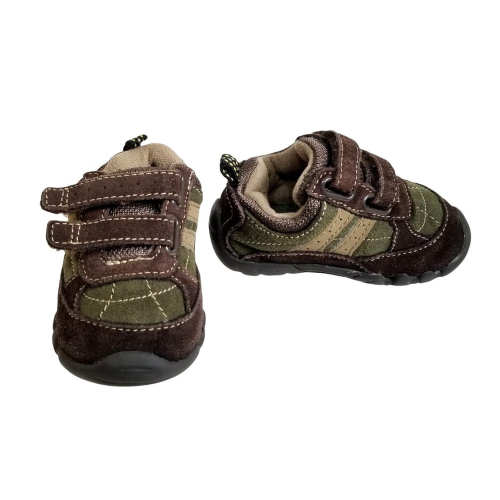 Baby Oshkosh Genuine Kids Leather Green Brown Shoes 3 Strap Rubber Sole